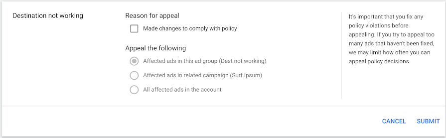 Google Policy Appeal