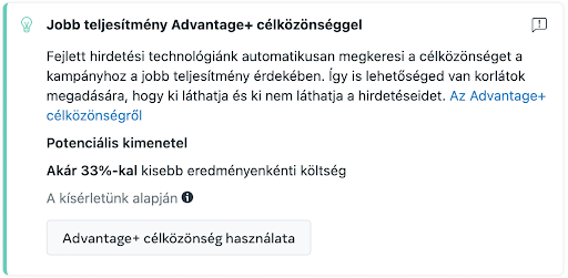 Facebook hirdetés árak - Advantage+ screenshot